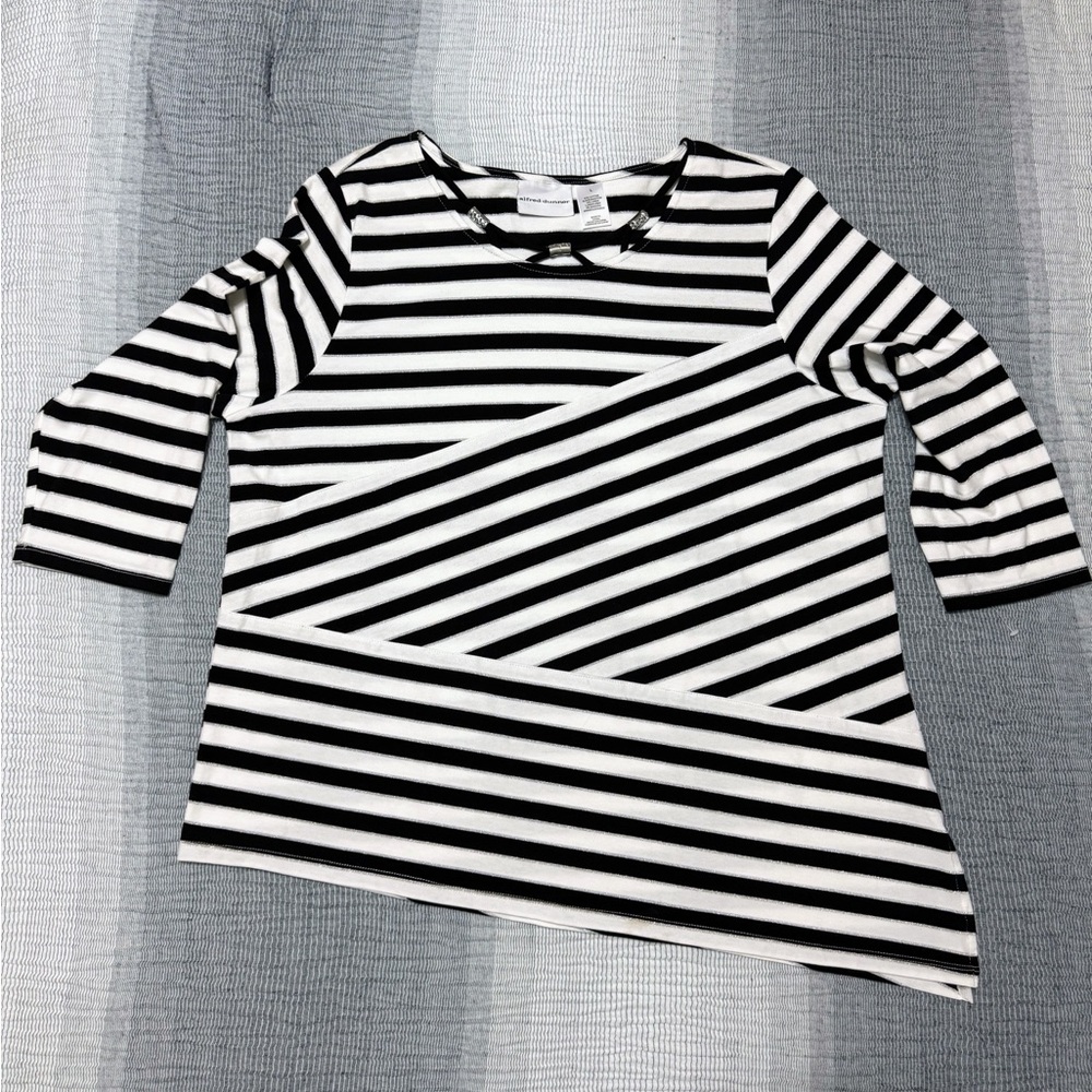 Alfred Dunner Blouse‎ L black/silver/Cream stripes 3/4 Sleeve NWOT Asymmetrical